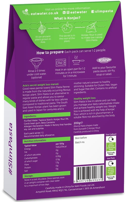 Slim Pasta Penne made from konjac without rinsing