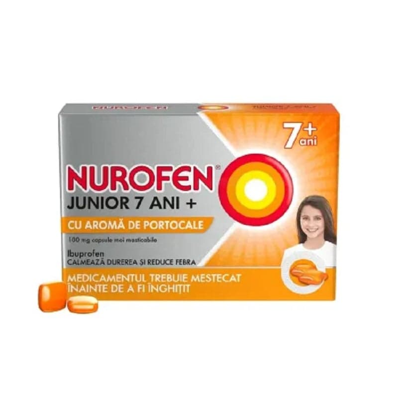 NUROFEN JUNIOR 7ANI+ PORTOCALE 100MG X 24 CAPSULE MASTICABILE MOI