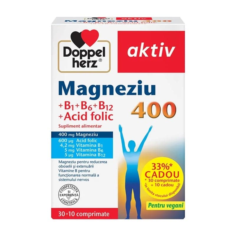 DOPPELHERZ AKTIV MAGNEZIU 400 + VITAMINELE B1 + B6 + B12 + ACID FOLIC 30 COMPRIMATE + 10 COMPRIMATE CADOU