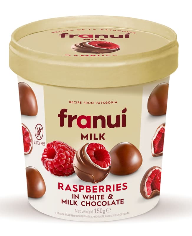 Franui Raspberries in white chocolate and milk chocolate (frozen)