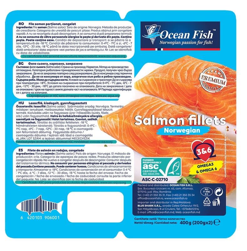 Ocean Fish Salmon Fillet skinless protioned frozen 2x200gr