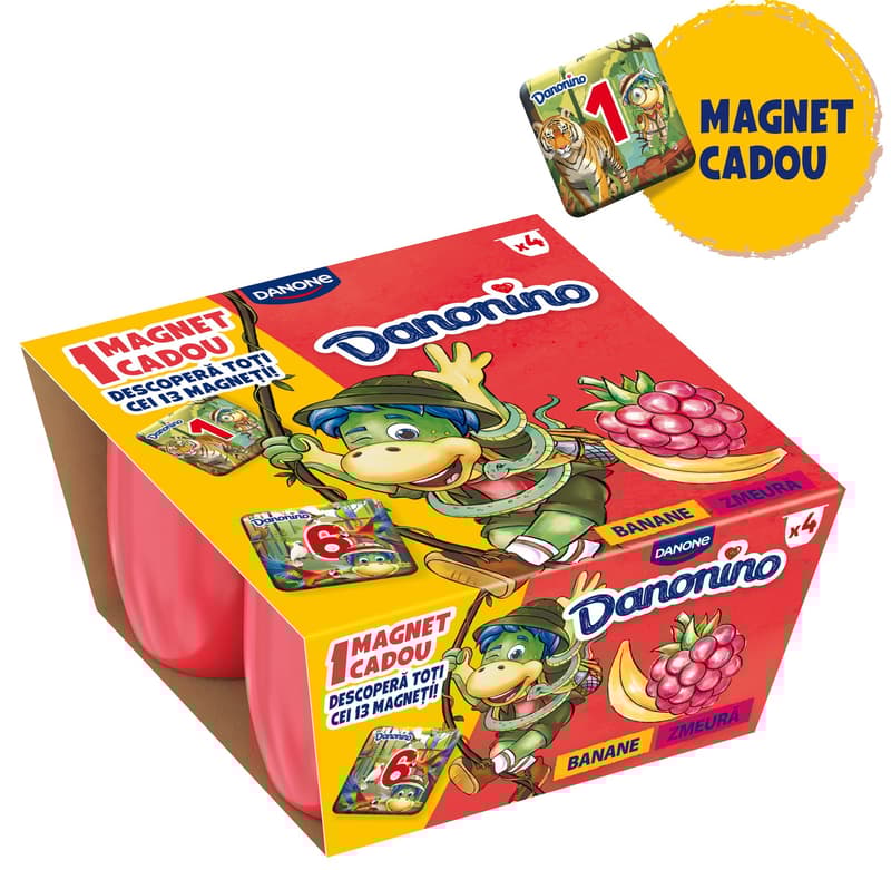 Danonino, Branzica de vaci pentru copii cu piure de fructe (zmeura/banane), vitamina D si Ca (4x50g)