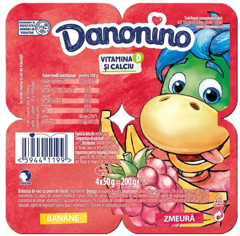 Danonino, Branzica de vaci pentru copii cu piure de fructe (zmeura/banane), vitamina D si Ca (4x50g)