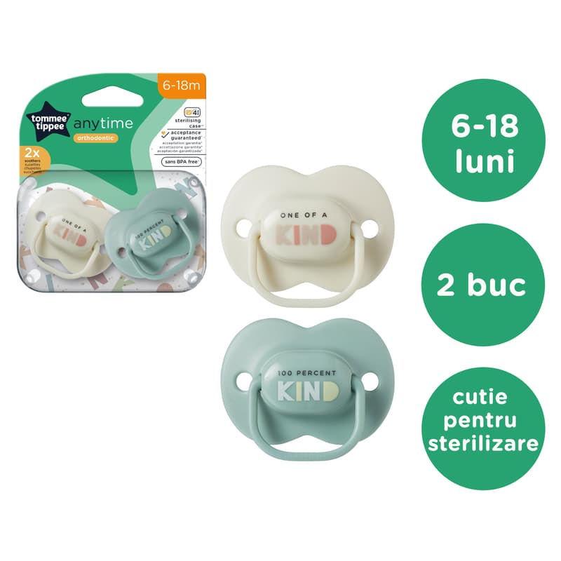 Tommee Tippee Anytime Suzeta ortodontica, 6-18 luni, verde/alb, 2 buc