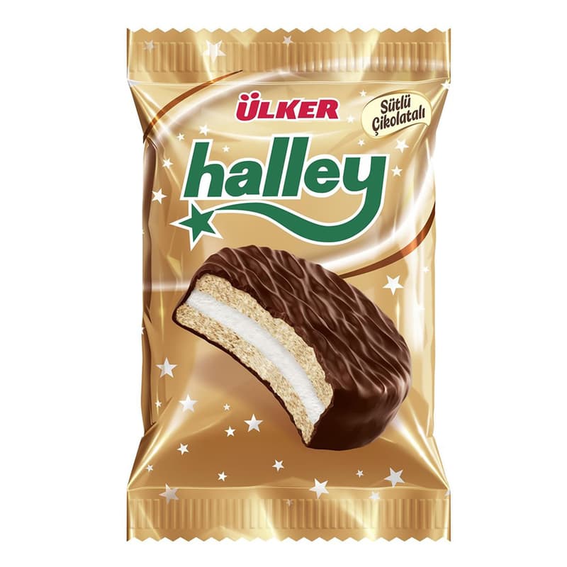 Halley Biscuiti sandwich cu bezea inveliti in ciocolata cu lapte