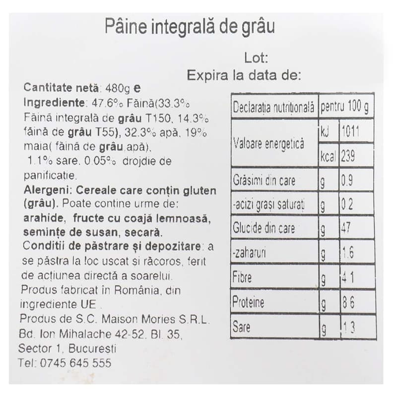 Pain Plaisir Paine integrala de grau feliata