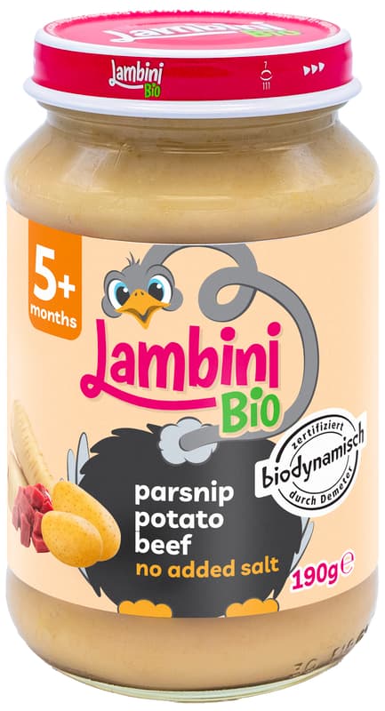 Lambini Bio ECO Menu with parsnips, potatoes and beef