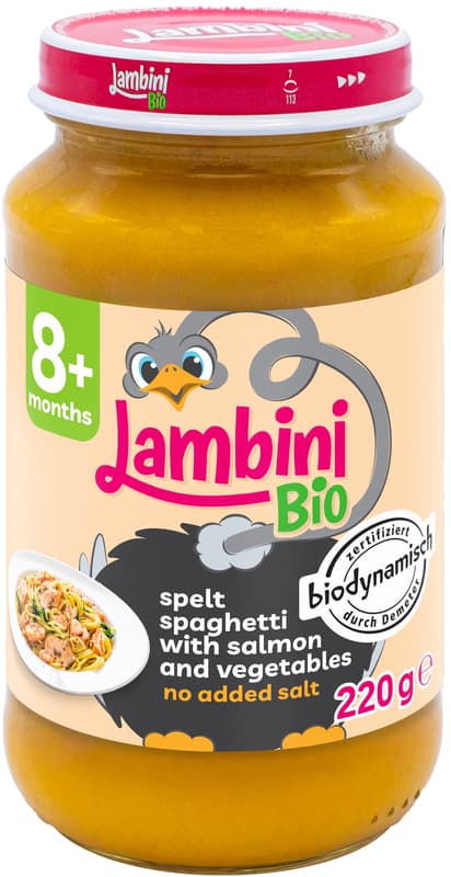 Lambini ECO Spelt spaghetti menu with vegetables and salmon