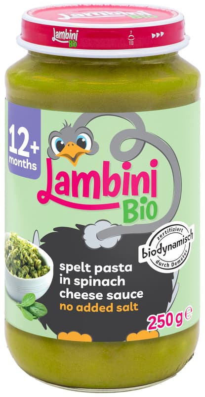 Lambini ECO Rye pasta menu with spinach and cheese sauce