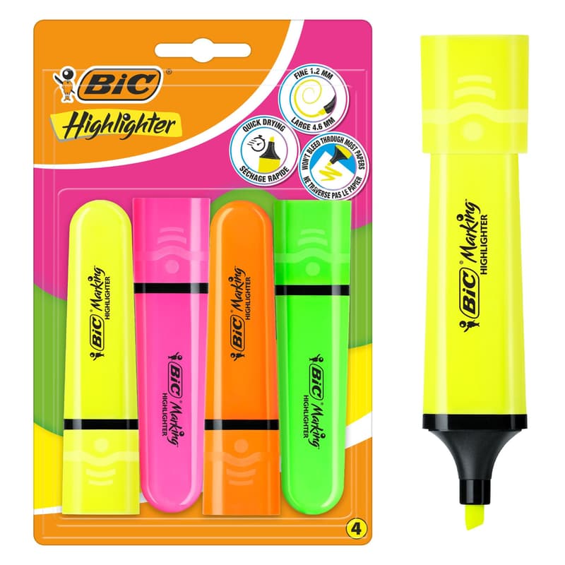 BIC Highlighter Flat Highlighter, Assorted Colors, Neon