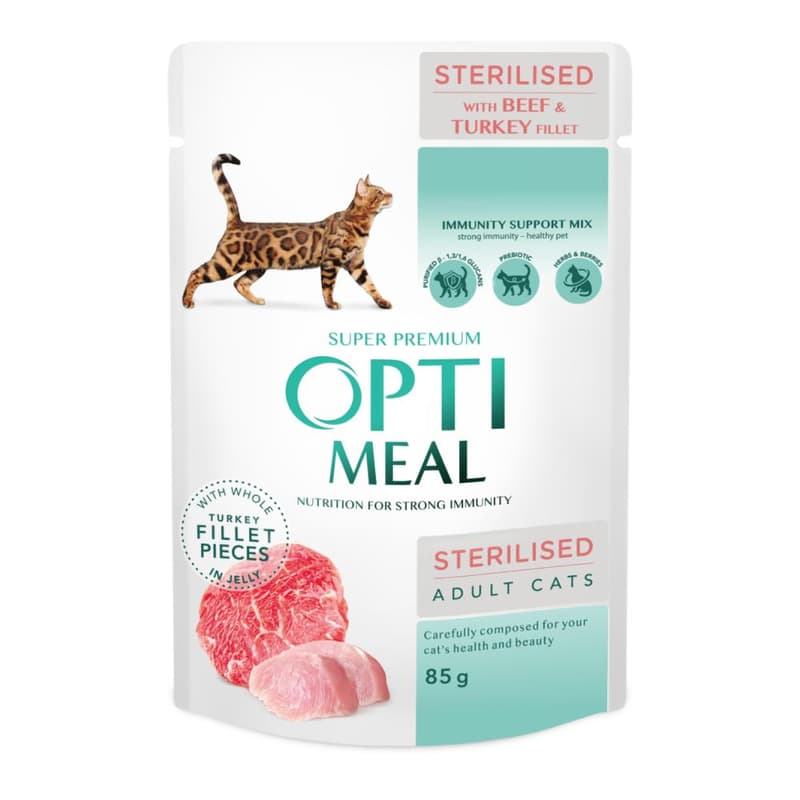 OPTIMEAL Sterilized wet cat food with beef and turkey fillets in jelly
