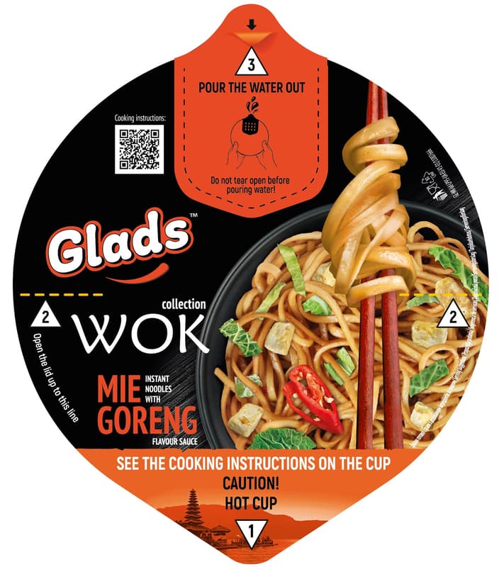 Glads Wok Noodles with chicken flavor, Mie Goreng sauce and dehydrated vegetables