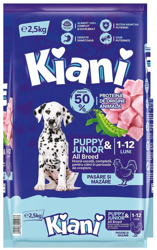 Kiani Hrana uscata cu aroma de pasare si mazare, pentru caini in perioada de crestere 