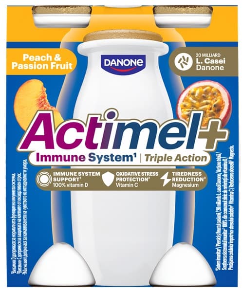 Actimel Iaurt de baut cu piersica si fructul pasiunii, vitamine (D si C) si magneziu(4x100g)