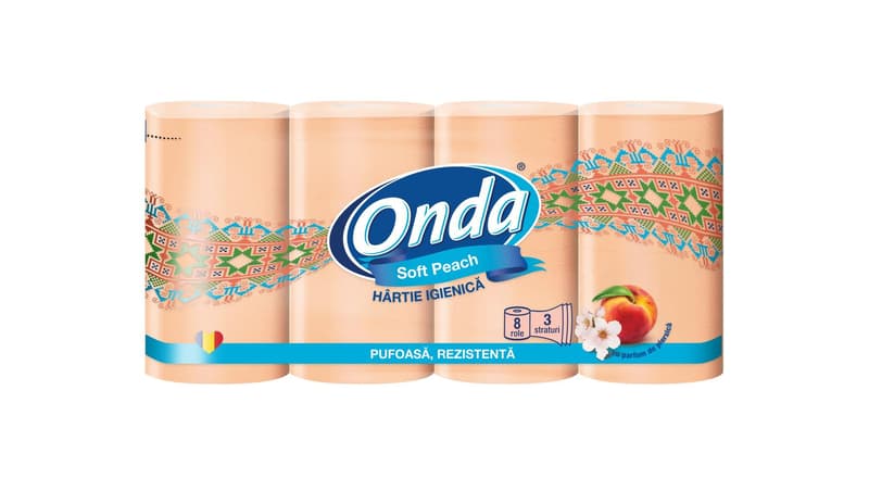 Onda Soft Peach FSC Recycled Toilet Paper, 8 Rolls, 3 Layers
