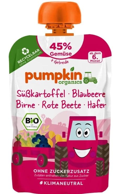 Pumpkin Organics ECO Piure de cartofi dulci, afine, pere, sfecla rosie si ovaz, 6+