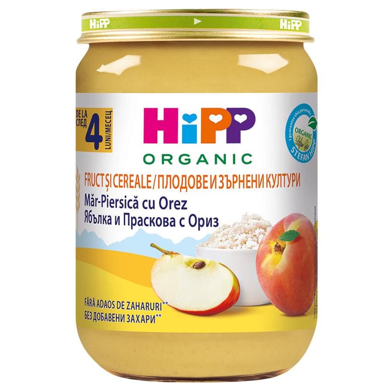 Hipp ECO Rice with fruit & cereals, peach, apple, from 4 months