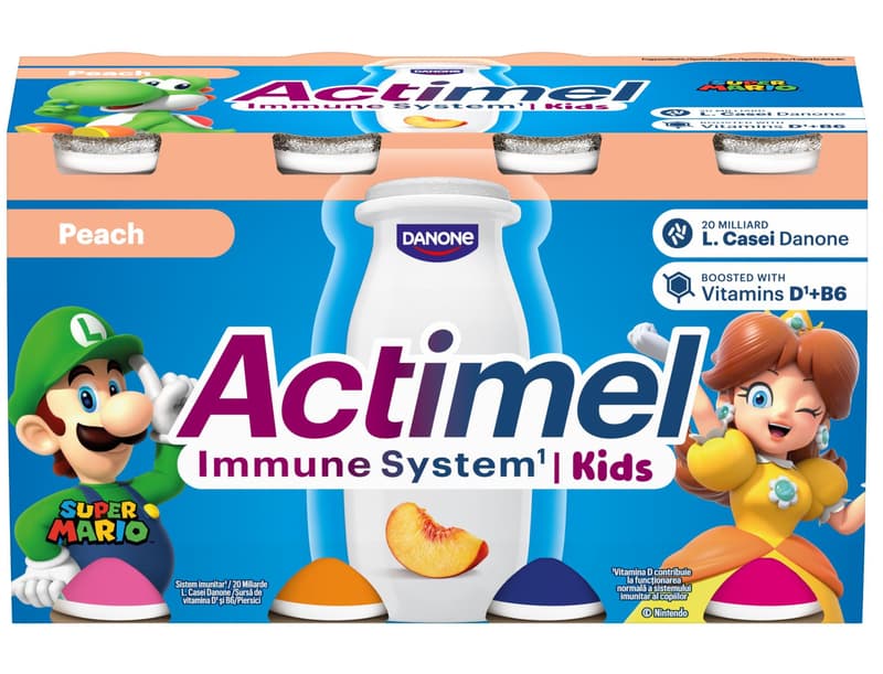 Actimel Actikids Bautura din iaurt cu piersici 1,4% grasime cu L. casei Danone si vitamine B6, D (8x100g)