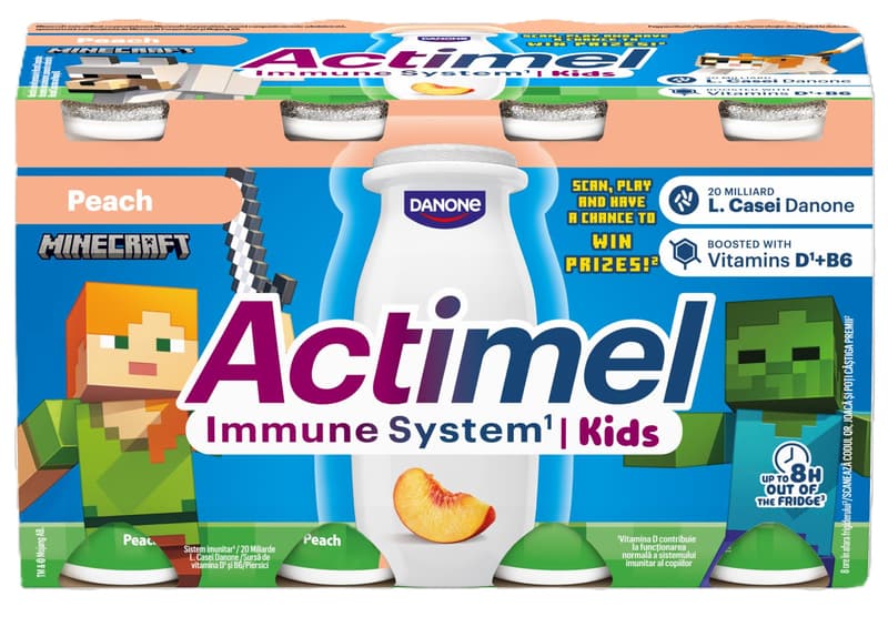 Actimel Actikids Bautura din iaurt cu piersici 1,4% grasime cu L. casei Danone si vitamine B6, D (8x100g)