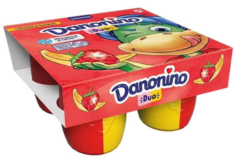 Danonino Branzica de vaci pentru copii cu piure de capsuni si banane (4x95g)