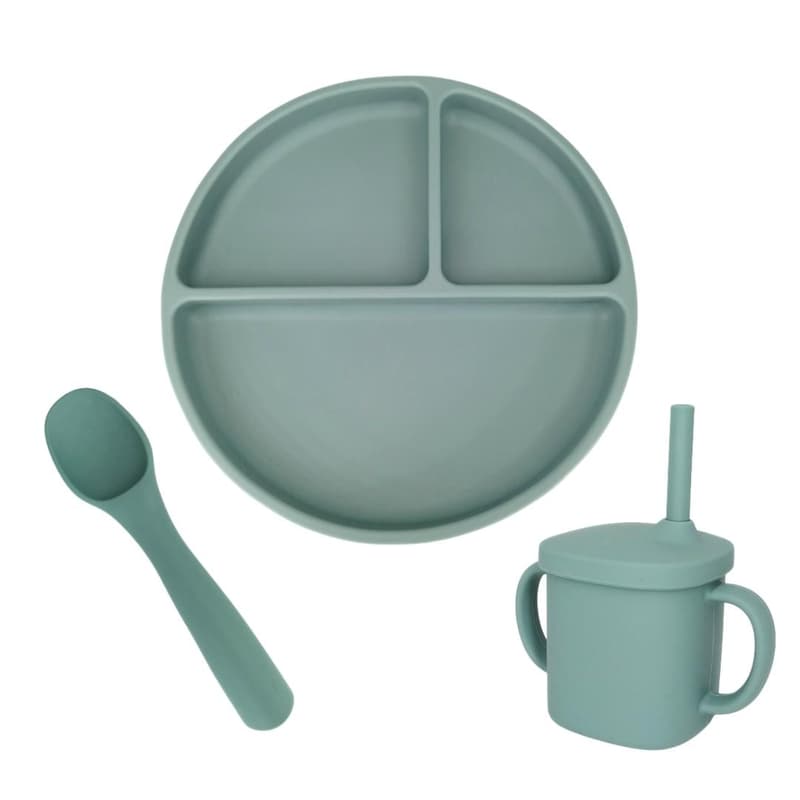 Coccorito Set diversificare din silicon, farfurie rotunda cu lingurita si cana, verde menta