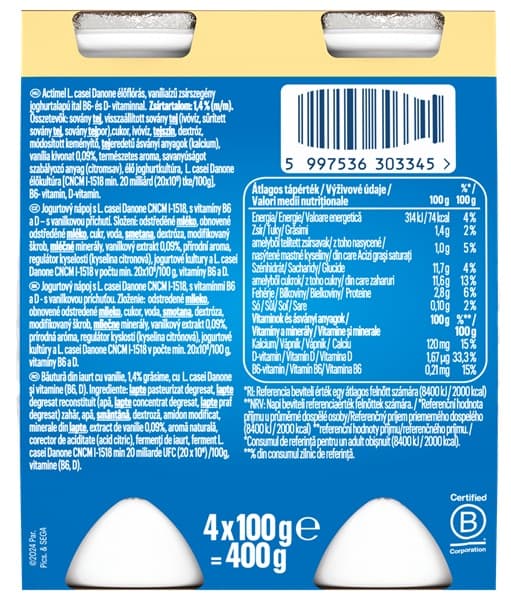 Vanilla flavoured Actimel. Fermented product on yogurt base/Yogurt drink with L.casei Danone and vitamins B6 and D.
Fat content: 1,5 % (m/m)
