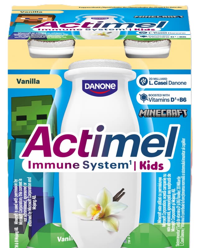 Vanilla flavoured Actimel. Fermented product on yogurt base/Yogurt drink with L.casei Danone and vitamins B6 and D.
Fat content: 1,5 % (m/m)
