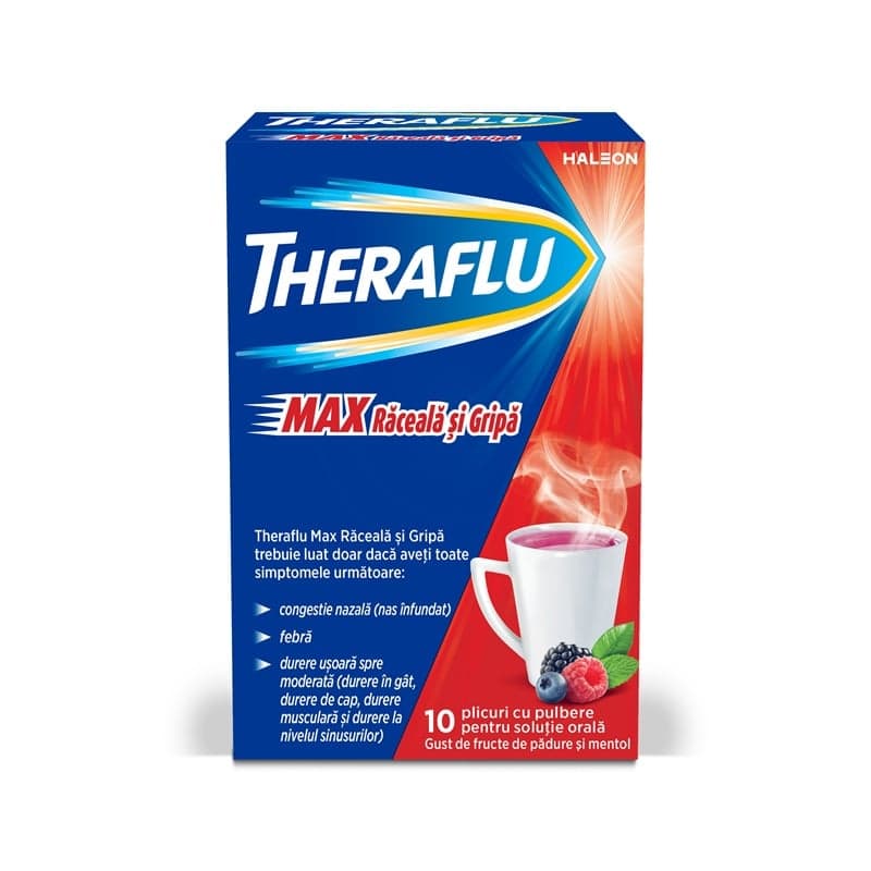 THERAFLU MAX RACEALA SI GRIPA FRUCTE DE PADURE SI MENTOL 10 PLICURI