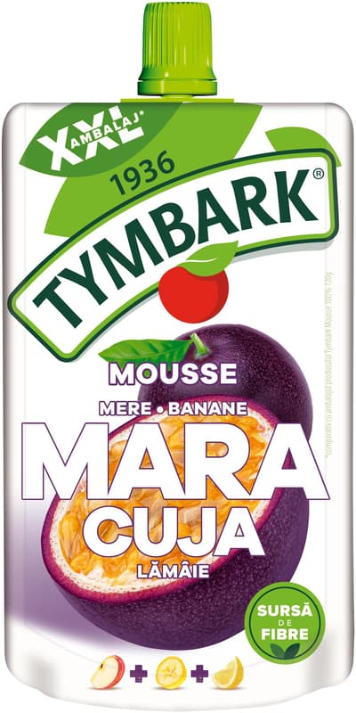 Tymbark Mousse 100% mere banane fructul pasiunii si lamaie