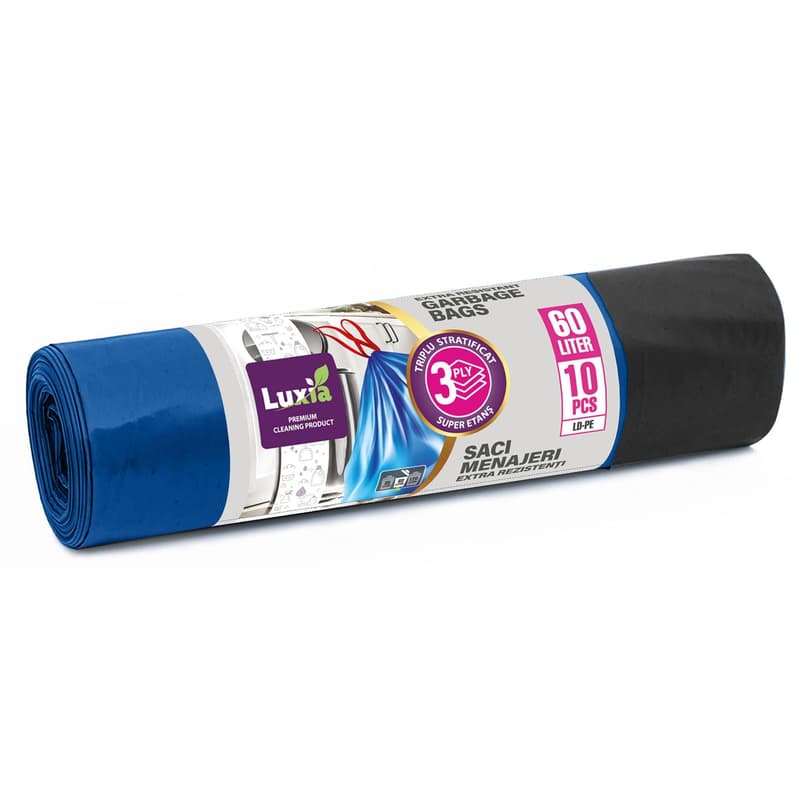 Luxia Saci menajeri triplustratificati, albastru cu snur ldpe, 60l