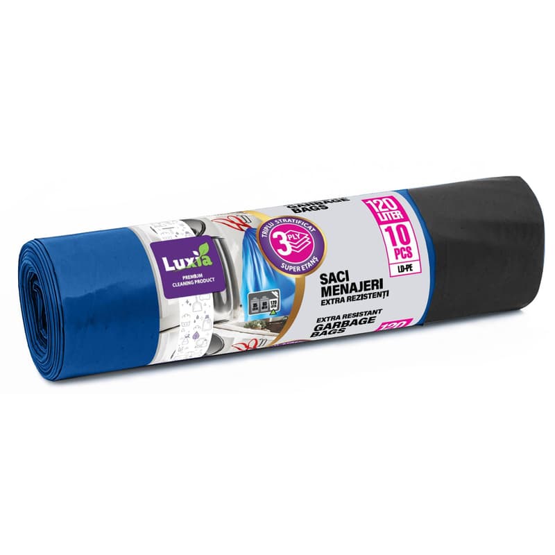 Luxia Saci menajeri triplustratificati, albastru cu snur ldpe, 120l