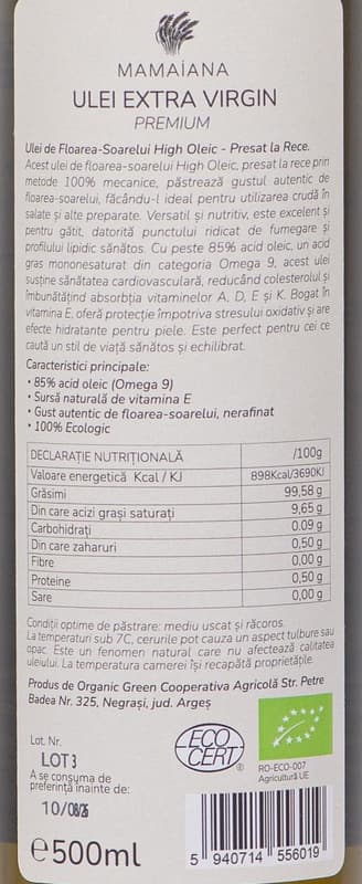 Mamaiana ECO Ulei de floarea soarelui extra virgin presat la rece