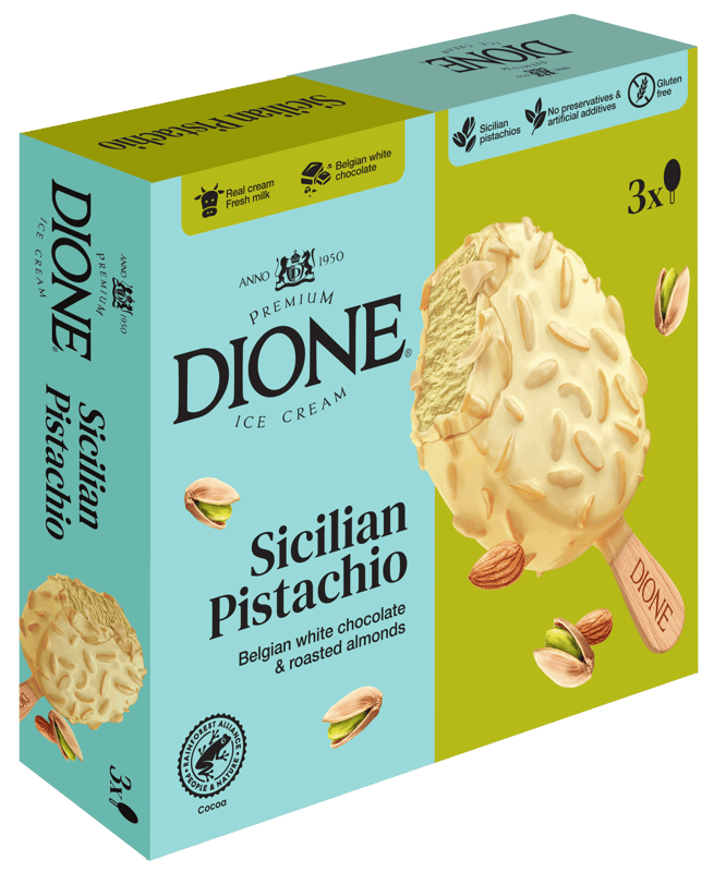 Dione Inghetata de fistic cu ciocolata alba belgiana si migdale 3x90ml