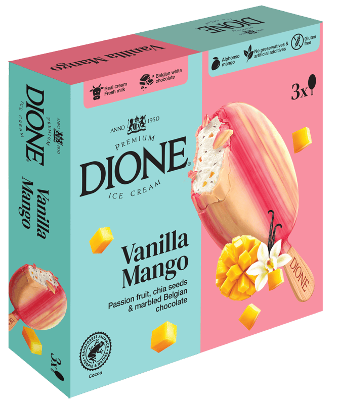 Dione Inghetata de vanilie mango si fructul pasiunii cu seminte de chia si ciocolata belgiana marmorata 3x90ml