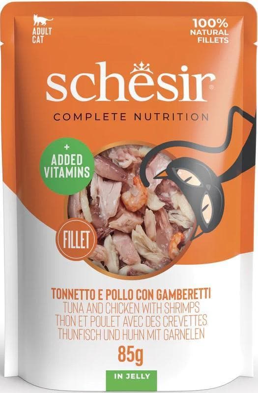 Schesir Wet cat food with tuna, chicken and shrimp in jelly