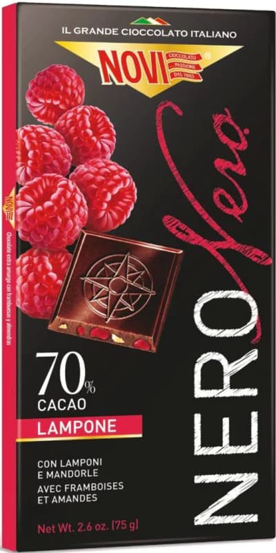Novi Ciocolata extra neagra 70% cacao cu zmeura si migdale prajite