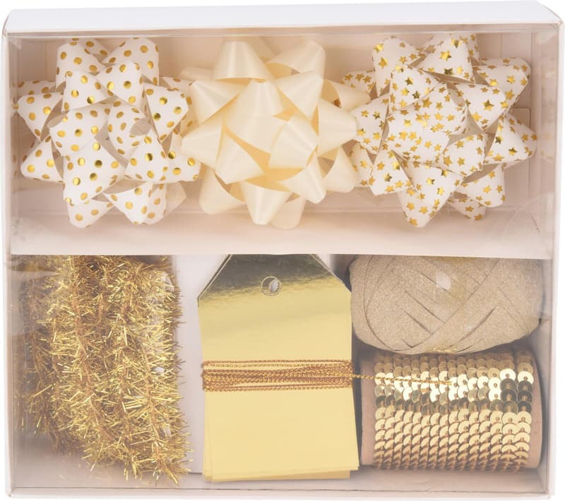 Wonderful Christmas Bow and Ribbon White and Gold 10 Pieces