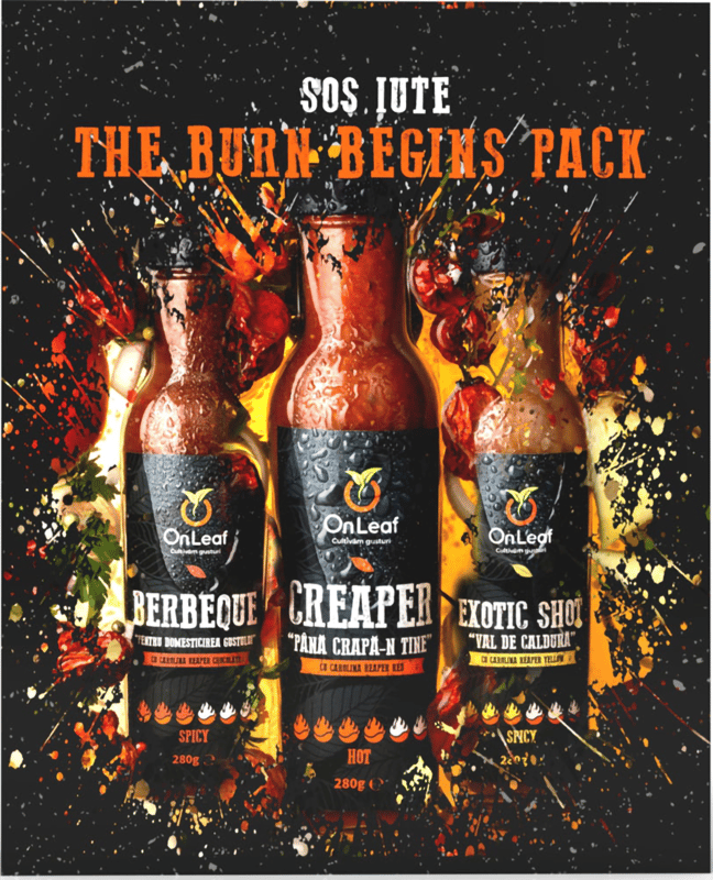 OnLeaf Set The Burn Begins sos iute: 3 sosuri + 3 ardei iuti, cu Carolina Reaper
