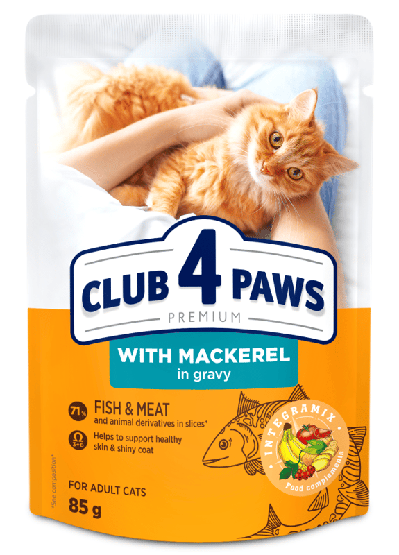 CLUB 4 PAWS Premium "With mackerel in gravy". Complete canned pet food for adult cats