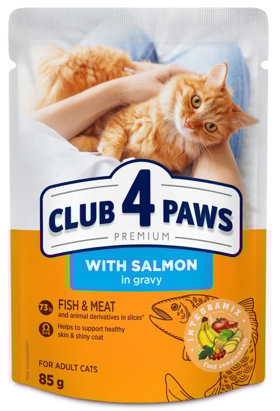 CLUB 4 PAWS Premium "With salmon in gravy". Сomplete canned pet food for adult cats