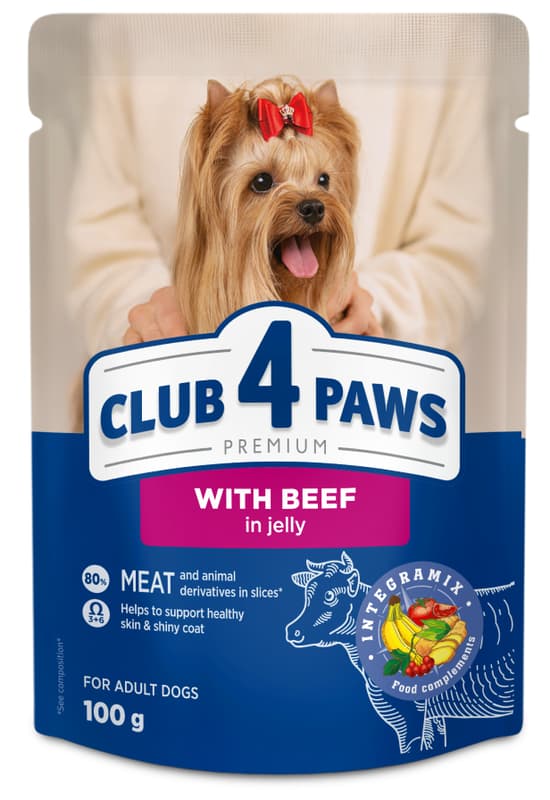 CLUB 4 PAWS Premium "With beef in jelly". Complete canned pet food for adult dogs
