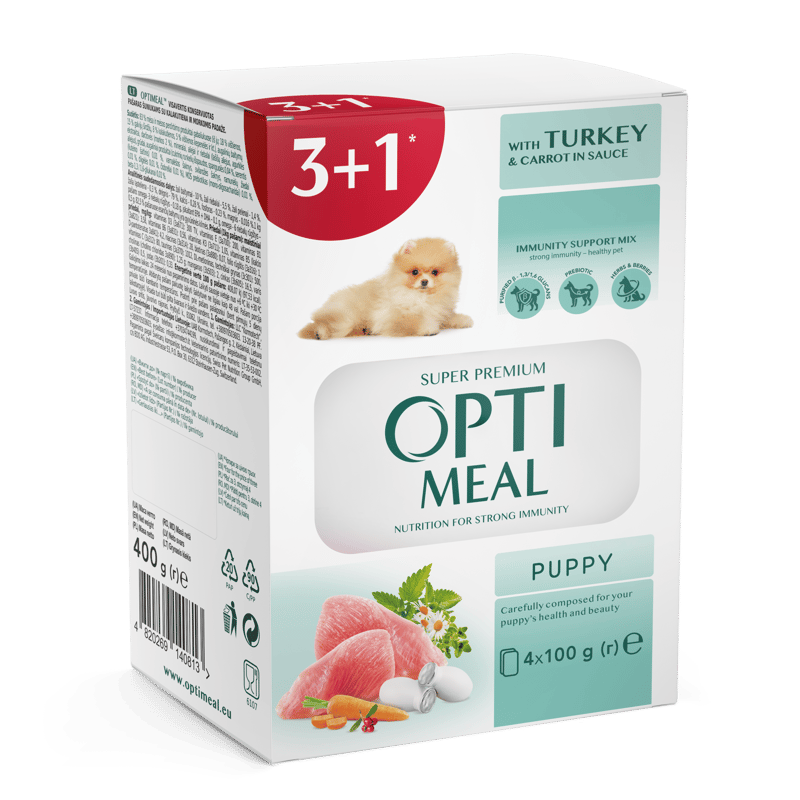 OPTIMEAL ™. Complete сanned pet food for puppies with turkey and carrot in sauce (3+1)
