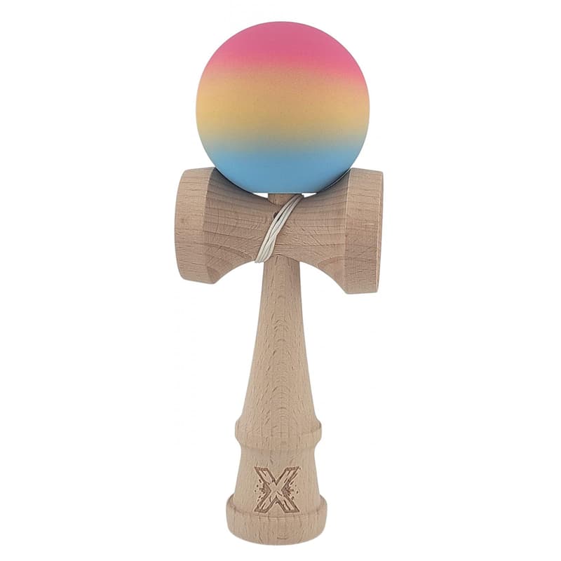 Kendama X, 18 cm, din lemn, rubber grip, roz/galben/albastru