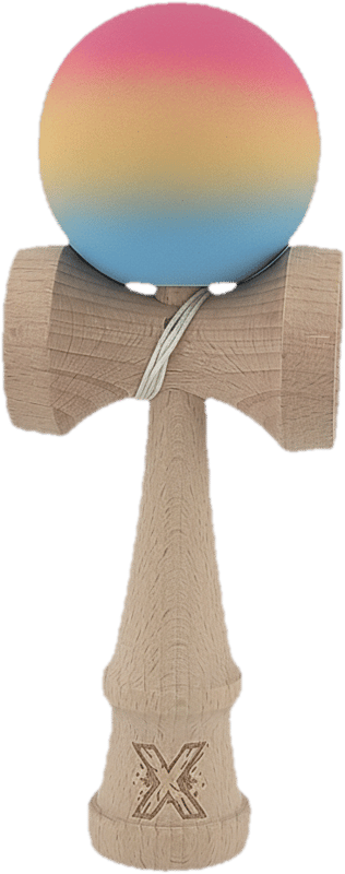 Kendama X, 18 cm, din lemn, rubber grip, roz/galben/albastru