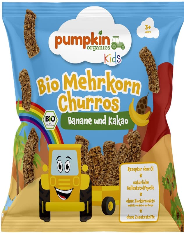 Pumpkin Organics ECO Snack tip churros din multicereale cu banana si cacao, 3 ani+