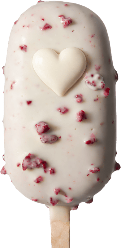 Rawmantic, Inghetata vegana cu aroma de vanilie, jeleu de zmeura, invelita in ciocolata alba vegana