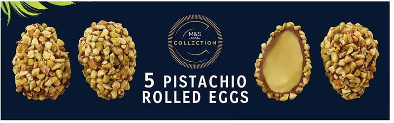 Marks & Spencer Oua de ciocolata cu lapte umplute cu pasta de fistic si ciocolata alba, acoperite cu bucati de fistic