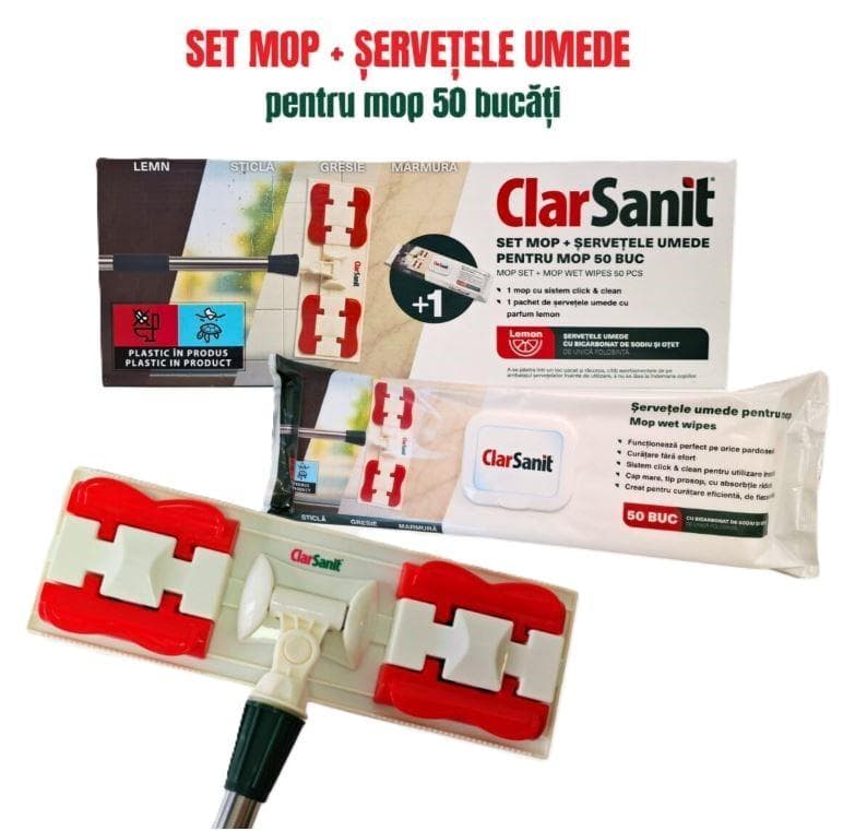 Clarsanit Set mop + servetele pentru mop cu bicarbonat si otet, 50 bucati