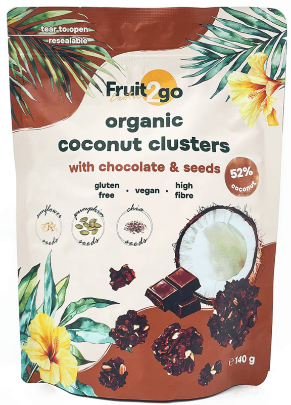 Fruit2go Exotic ECO Clustere de cocos cu semințe si ciocolata