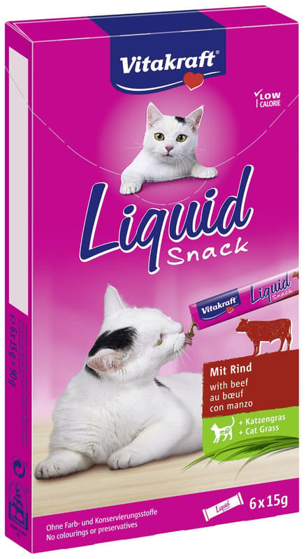 Vitakraft Snack lichid pentru pisici, cu vita si iarba pisicii, 6x15g
